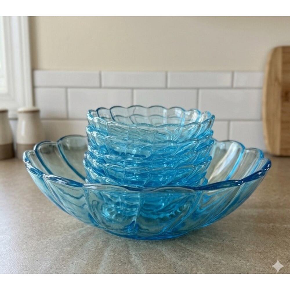 Vintage Hazel Atlas Capri Seashell Swirl 7pc Salad - Berry Bowl Set,EUC